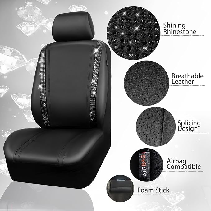 CAR PASS Leather Bling Seat Covers Full Sets 16 pcs, Bling Diamond Car Accessories Set for Women, Sparkly Rhinestone Steering Wheel Cover, Glitter Cute Car Interior Sets for Women Girl, Black Diamond