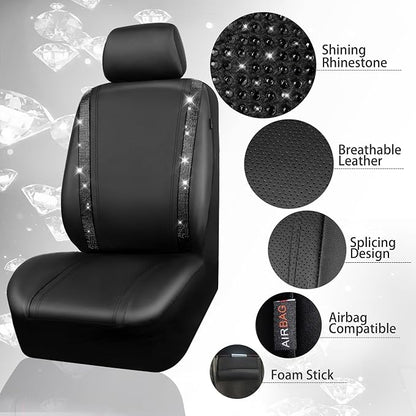 CAR PASS Leather Bling Seat Covers Full Sets 16 pcs, Bling Diamond Car Accessories Set for Women, Sparkly Rhinestone Steering Wheel Cover, Glitter Cute Car Interior Sets for Women Girl, Black Diamond