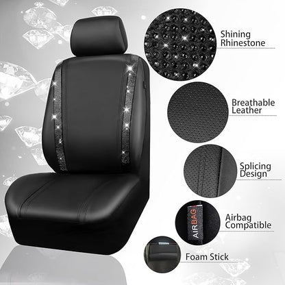 CAR PASS Bling Diamond Leather Car Seat Covers 11 PCS, Sparkly Rhinestone Steering Wheel Cover Glitter Cute Interior Car Accessories Sets Seat Belt Cushion Cup Holder Coaster Women Girl, Black Diamond
