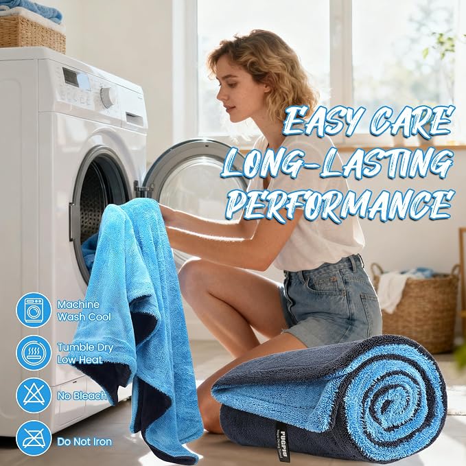 PUGPIU Car Drying Towel - 1400GSM Extra Large Super Absorbent Microfiber Towels for Cars 24"x36" - Large Edgeless with Twisted Loop, Lint-Free & Streak-Free for Auto Detailing, SUV, Truck (Blue)