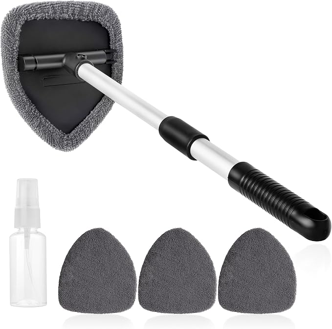 Qydipclin 11pcs Windshield Cleaner Tool, Car Window Cleaning Wash Kit with 6 Reusable Microfiber Pads 2 Spray Bottles and Extendable Handles Auto Glass Wiper Kit, Gray
