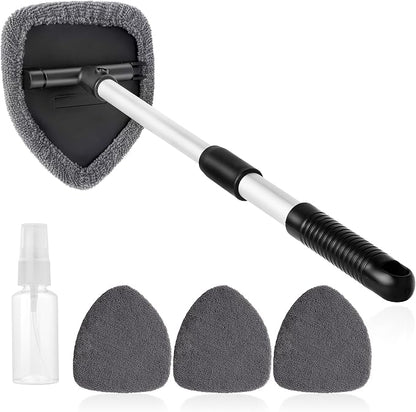 Qydipclin 11pcs Windshield Cleaner Tool, Car Window Cleaning Wash Kit with 6 Reusable Microfiber Pads 2 Spray Bottles and Extendable Handles Auto Glass Wiper Kit, Gray