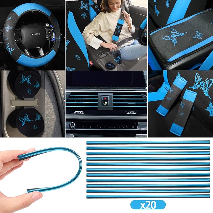 BBTO 43 Pcs Butterfly Car Seat Full Set Butterfly Car Accessories for Women 5 Front Rear Seat Covers Wrist Strap 2 Pcs Cup Mat Armrest Pad 2 Belt Xmas Cover Accessories for SUV(Light Blue, Black)
