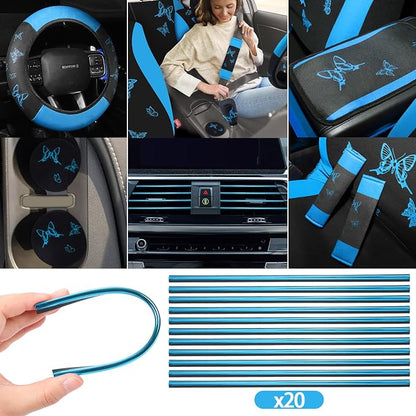 BBTO 43 Pcs Butterfly Car Seat Full Set Butterfly Car Accessories for Women 5 Front Rear Seat Covers Wrist Strap 2 Pcs Cup Mat Armrest Pad 2 Belt Xmas Cover Accessories for SUV(Light Blue, Black)