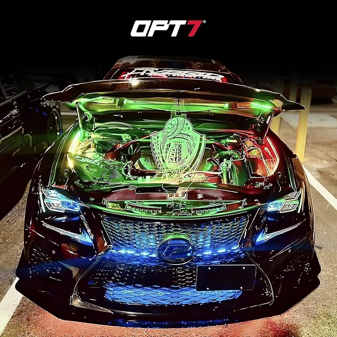 OPT7 Aura Engine Bay RGB Light Kit with Remote Control, 4 pc 24" Waterproof Underhood LED Strips, Multi Color Mode, Exterior Neon Accent Glow Lights for Truck F150 Tacoma Tundra 4Runner Dodge Durango