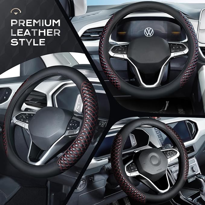 Coverado Nappa Leather Steering Wheel Cover Universal 14-15 Inch Anti-Slip Breathable Steering Wheel Protector Luxury Auto Decor for Men Women Redline