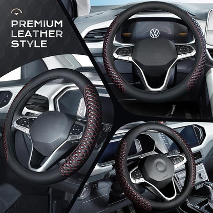 Coverado Nappa Leather Steering Wheel Cover Universal 14-15 Inch Anti-Slip Breathable Steering Wheel Protector Luxury Auto Decor for Men Women Redline