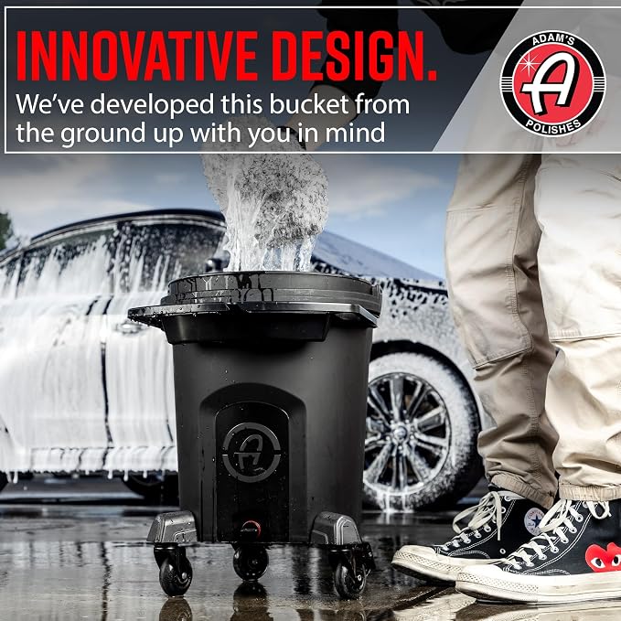 Adam's Complete Premium Detailing Bucket - Car Wash Bucket with Grit Guard, Seat Pad, Organization Rack, Drain Plug, 2 Locking Wheels | Innovative Detail 5 Gallon Bucket Kit System