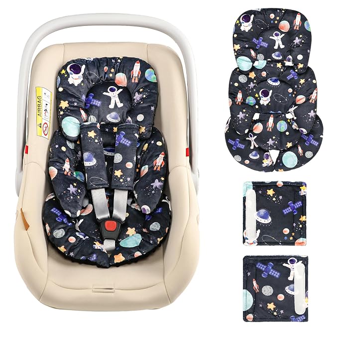 Infant Car Seat Insert Cushion, Baby Car Seat Head Body Support for Girls & Boys, Reversible Newborn Car Seat Insert with 2 Extra Strap Paddings, Premature Car Seat Cushion, Black Space