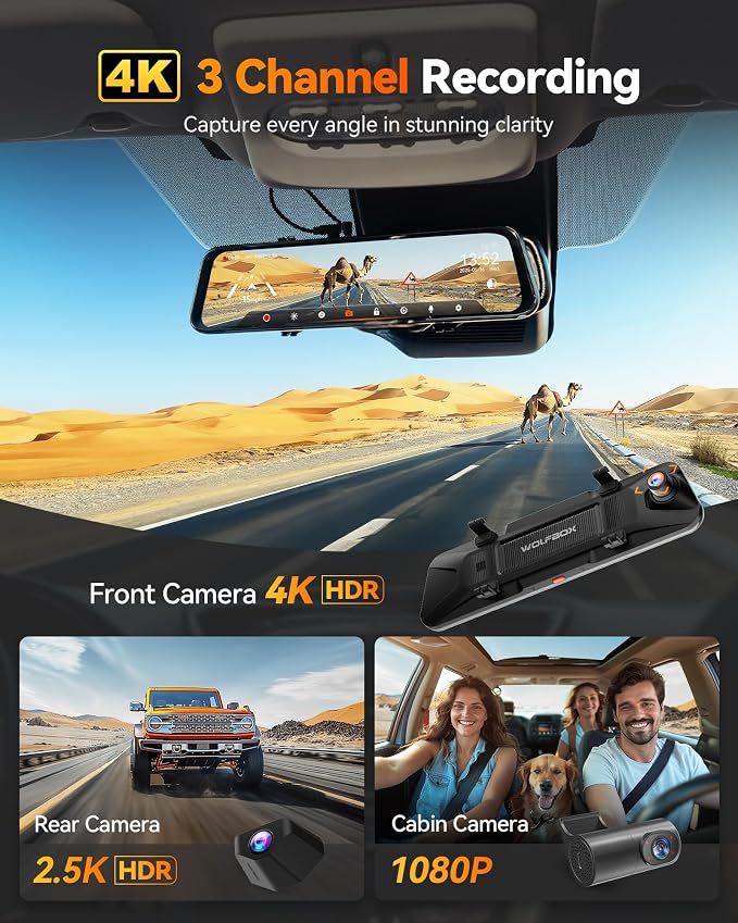 WOLFBOX G900 Tripro Cabin Version 3 Channel 4K Rear View Mirror Camera,8MP STARVIS IMX678 Night Vision,4K+1080P+2.5K Front Inside and Rear Mirror Dash Cam,5.8GHz WiFi,Voice Control,Includes 256GB Card