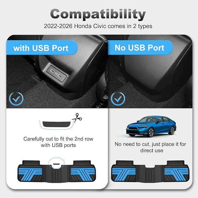 Floor Mats Fit for Honda Civic 2022-2025 2026 Sedan Hatchback Si (Include Sport), with&w/o USB Port | for Acura Integra 2023-2026, All Weather Car Floor Liners, Black & Blue (Not for Hybrid)