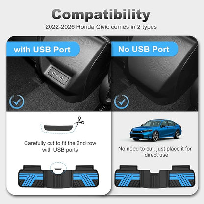 Floor Mats Fit for Honda Civic 2022-2025 2026 Sedan Hatchback Si (Include Sport), with&w/o USB Port | for Acura Integra 2023-2026, All Weather Car Floor Liners, Black & Blue (Not for Hybrid)