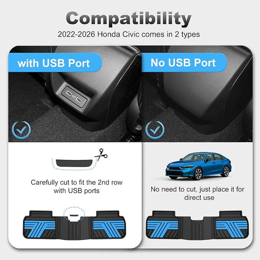 Floor Mats Fit for Honda Civic 2022-2025 2026 Sedan Hatchback Si (Include Sport), with&w/o USB Port | for Acura Integra 2023-2026, All Weather Car Floor Liners, Black & Blue (Not for Hybrid)