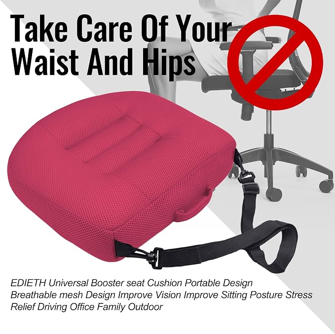 Universal Booster Seat Cushion with Adjustable Height, Breathable Mesh Portable Design with Straps, Improve Vision Improve Sitting Posture Stress Relief Driving Office Family Outdoor - Pink