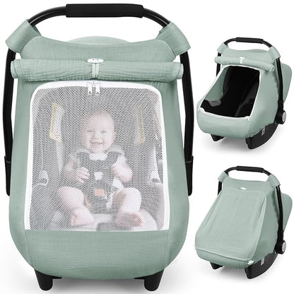 Rquite Car Seat Cover Baby, Carseat Covers Girl Boy, Breathable Muslin Cotton, Large Mesh Window, Infant Car Seat Canopy Baby Carrier Cover Stroller Sun Shade for Summer & Hot Day, Green