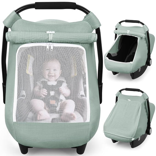Rquite Car Seat Cover Baby, Carseat Covers Girl Boy, Breathable Muslin Cotton, Large Mesh Window, Infant Car Seat Canopy Baby Carrier Cover Stroller Sun Shade for Summer & Hot Day, Green