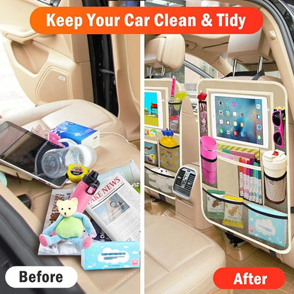 Car Backseat Organizer ，2 Pack Car Organizer Back Seat with 11" Tablet Holder, 10 Storage Pockets Seat Back Protectors Kick Mats for Kids Toddlers, Travel Accessories (Beige)