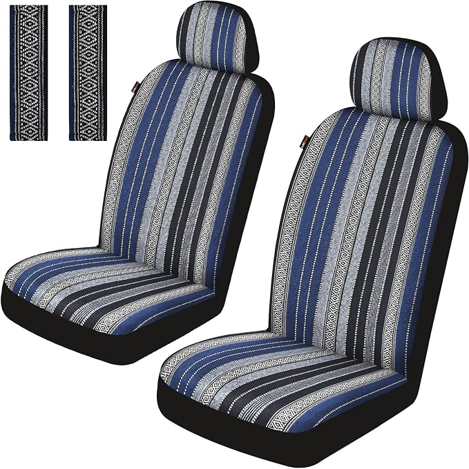 Baja Saddle Blanket Car Seat Covers Front Set with Seat Belt Pads, Washable Breathable Striped Woven Cloth Seat Covers for Cars, SUV, Truck, Airbag Compatible(Blue)