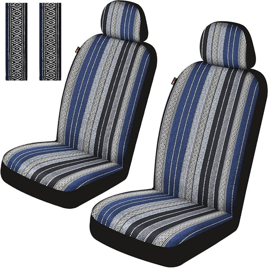 Baja Saddle Blanket Car Seat Covers Front Set with Seat Belt Pads, Washable Breathable Striped Woven Cloth Seat Covers for Cars, SUV, Truck, Airbag Compatible(Blue)