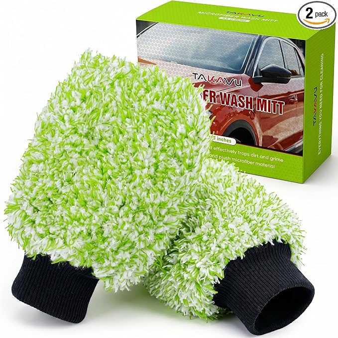 TAKAVU Car Wash Mitt Scratch Free, 2 Pack Microfiber Wash Mitts for Auto Detailing, Soft Lint Free Cleaning Gloves, Holds Sudsy Water, Machine Washable (Green & White)