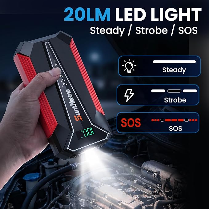 Jump Starter Power Bank 8000mAh (Up to 6.5L Petrol/5.0L Diesel),12V Battery Booster for Cars, Trucks, SUVs & Motorcycles,Compact Design with LED Light & PD 18W USB -Red