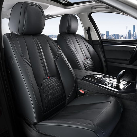 Coverado Front Seat Covers, 2-Pack Luxury Leather Seat Cover with Lumbar Support, Black Seat Covers for Cars, Waterproof Car Seat Protectors, Driver Car Seat Cushions Universal Fit for Most Vehicles