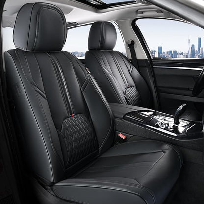 Coverado Car Seat Covers Full Set, Black Seat Cover with Lumbar Support, Luxury Leather Seat Covers for Front and Back, Waterproof Car Seat Protector Car Seat Cushion Universal Fit for Most Vehicles