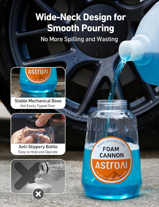 AstroAI Foam Cannon for Pressure Washer, Snow Clear Foam Cannon, Wide Neck Foam Blaster Adjustable Nozzle for Car Wash Accessories, with 1/4 Inch Quick Connector,1 L Clear Bottle