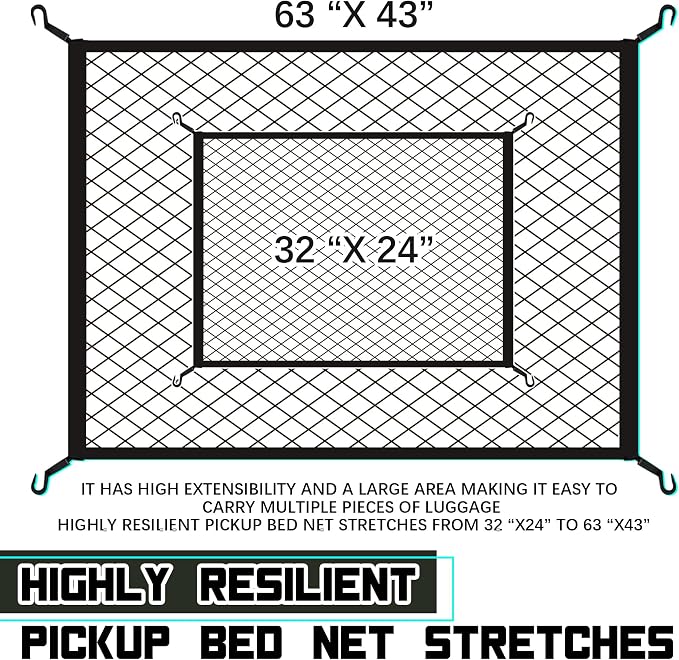 JINGKE Elastic Cargo Net with Fixing Hooks D-Rings Luggage Cover for SUV Rear Trunk Bed Netting Cover ，Net Stretchable Mesh Organizer 32" x 24" Stretch to 63"x43"