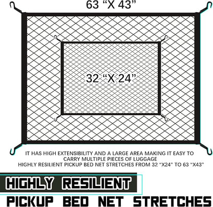 JINGKE Elastic Cargo Net with Fixing Hooks D-Rings Luggage Cover for SUV Rear Trunk Bed Netting Cover ，Net Stretchable Mesh Organizer 32" x 24" Stretch to 63"x43"