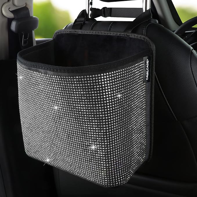 Cavalcade Car Back Seat Organizer, Bling Hanging Pocket, Large Seat Back Travel Caddy Bag, Diamond Trash Bin Garbage Container (White)
