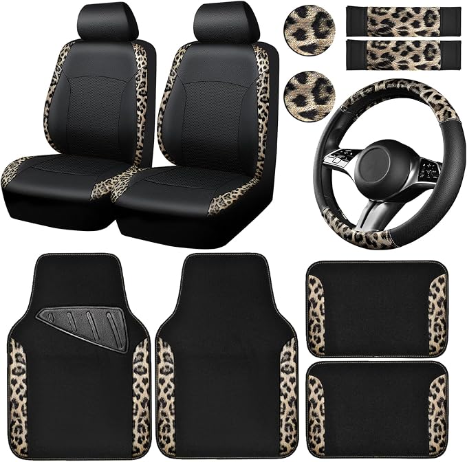 CAR PASS Leopard Print Faux Leather Car Seat Covers & Leopard Car Mats&Leopard Steering Wheel Cover Seat Belt Universal Car Accessories for SUV,Van,Saden,Truck Automobile Interior Sets(Gold Black)