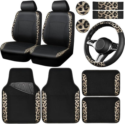 CAR PASS Leopard Print Faux Leather Car Seat Covers & Leopard Car Mats&Leopard Steering Wheel Cover Seat Belt Universal Car Accessories for SUV,Van,Saden,Truck Automobile Interior Sets(Gold Black)