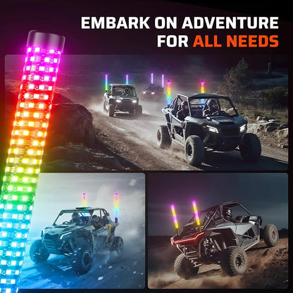Ehaho 2FT Fat Whip Lights for UTV ATV, Led Fatty Whip Light W/Rocker Switch & 3 Flags, Brighter Spiral Chasing Lighted Antenna Whip with APP & Remote Control for RZR SXS