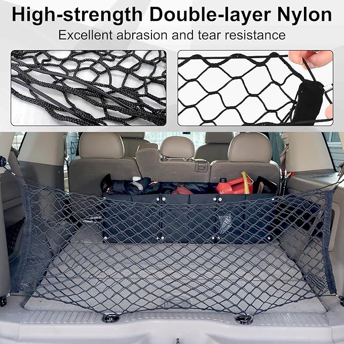 Cargo Net, Premium Dual-Layer Nylon Cargo Net for SUV, Automotive Exterior Accessories, Adjustable Elastic Trunk Net with Hook, Car Accessories for SUV, Truck, Pickup(43.3x15.7 Inch)