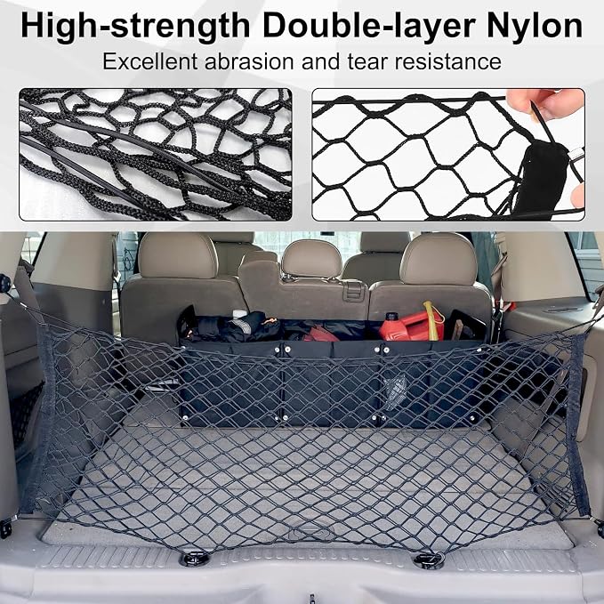 Cargo Net, Premium Dual-Layer Nylon Cargo Net for SUV, Automotive Exterior Accessories, Adjustable Elastic Trunk Net with Hook, Car Accessories for SUV, Truck, Pickup(51.2x17.7 Inch)
