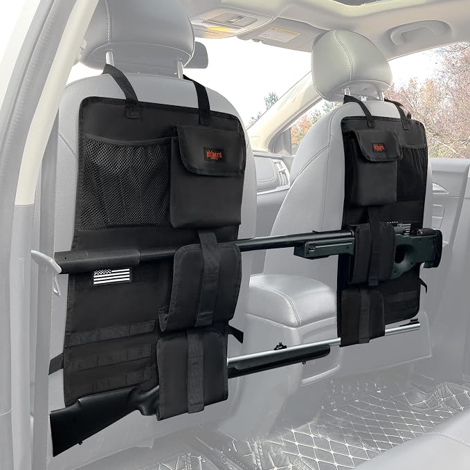 MYDAYS 2 Pack Tactical Seat Back Gun Rack, Camo Front Seat Gun Organizer with Molle Panel Vehicle Gun Holder for Hunting Rifles/Shotguns (Black)