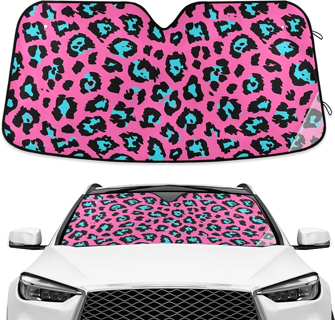 Pink Leopard Cheetah Skin Windshield Sun Shade Blocks UV Rays Visor Protector Accordion Folding Sun Reflector Auto Sunshade for Car Truck SUV to Keep Your Vehicle Cool