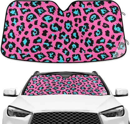 Pink Leopard Cheetah Skin Windshield Sun Shade Blocks UV Rays Visor Protector Accordion Folding Sun Reflector Auto Sunshade for Car Truck SUV to Keep Your Vehicle Cool