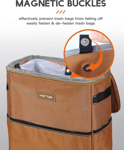 HOTOR 3 Gallons Car Trash Can, Ultra Large Capacity Organizer and Storage with Adjustable Straps & Magnetic Snaps, Waterproof Car Accessory for Interior Car Stuff Storage, Brown