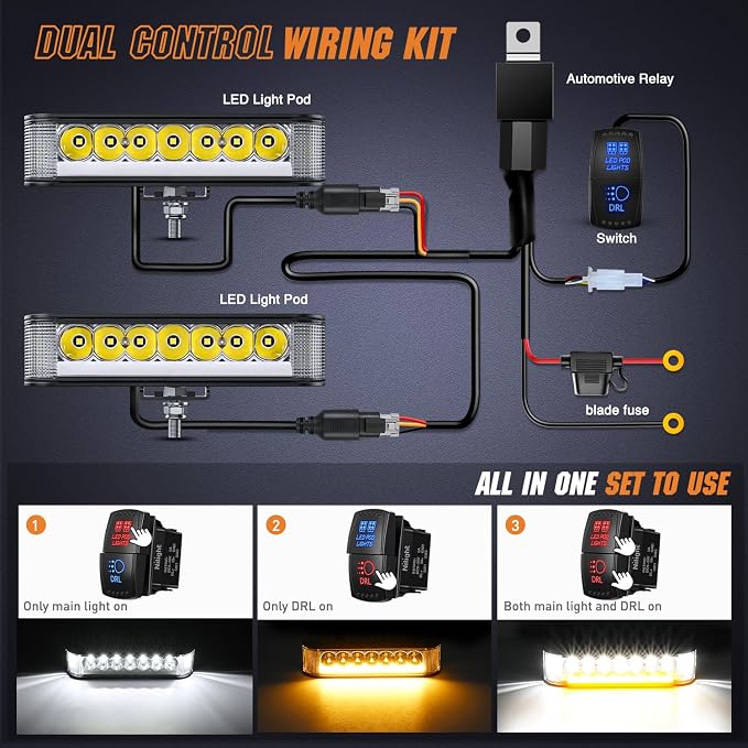 Nilight Side Shooter LED Light Pods with Amber DRL 6.5 Inch 2089LM Spot Flood Combo Offroad Driving Auxiliary Lights w/ 16AWG Wiring Kit for Truck ATV UTV Jeep