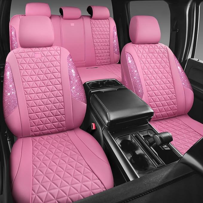 CAR PASS Bling Diamond Pink Leather Car Seat Covers Full Sets Interior Sets, Waterproof Shining Glitter Sparkly Crystal Universal Armrest Fit for Automotive Truck SUV Cute Women Girl, Pink Rhinestone