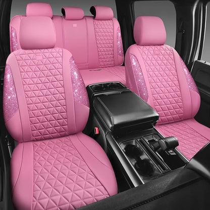 CAR PASS Bling Diamond Pink Leather Car Seat Covers Full Sets Interior Sets, Waterproof Shining Glitter Sparkly Crystal Universal Armrest Fit for Automotive Truck SUV Cute Women Girl, Pink Rhinestone
