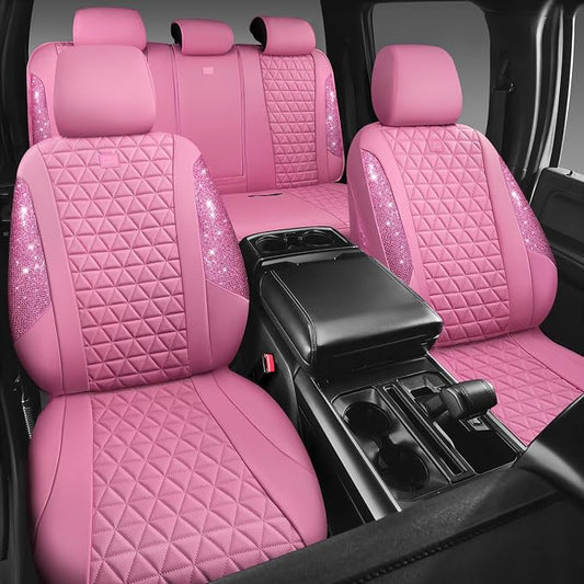 CAR PASS Bling Diamond Pink Leather Car Seat Covers Full Sets Interior Sets, Waterproof Shining Glitter Sparkly Crystal Universal Armrest Fit for Automotive Truck SUV Cute Women Girl, Pink Rhinestone