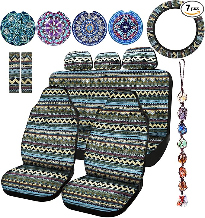 Frienda 14 Pcs Baja Car Seat Covers Full Set Multicolor Stripe Boho Print Steering Wheel Cover Seat Belt Cover Crystal Hanging Ornament Car Holders Fits (Bohemia Style)
