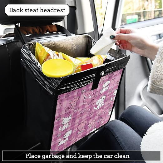 Car Trash Can Organizer Bin with Adjustable Strap for Back Front Seat Console Waterproof Leakproof Collapsible Portable 8.66 Inch Checkered Pink Kittens Hearts Shells