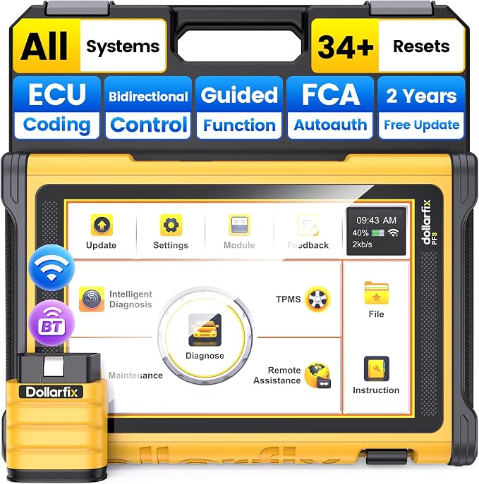 Dollarfix Bidirectional Scan Tool,PF8 OBD2 Scanner Diagnostic Tool, Full Systems Scan 34+ Reset Bluetooth&WiFi, ECU Online Coding, Active Test, AutoAuth FCA SGW&Automatic VIN&Free Lifetime Upgrade