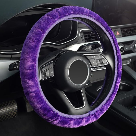 KAFEEK Purple Elastic Fuzzy Steering Wheel Cover, Microfiber Plush Steering Wheel Cover for Woman Girl,Winter Warm, Universal 15 inch