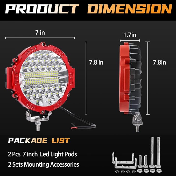7 Inch Round LED Offroad Driving Lights for Trucks, 201W 12000lm LED Light Pods, Off Road Fog Lights Work Lights for Tractor Snowmobile Golf Cart ATV UTV RV Plower, 4 Pack with Wiring Harness, Red