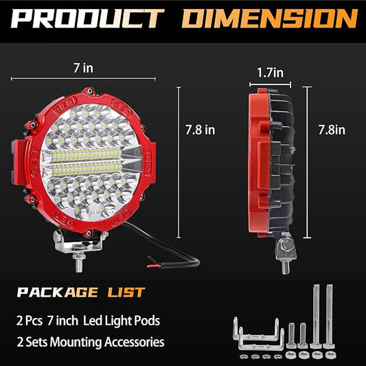 7 Inch Round LED Offroad Driving Lights for Trucks, 201W 12000lm LED Light Pods, Off Road Fog Lights Work Lights for Tractor Snowmobile Golf Cart ATV UTV RV Plower, 4 Pack with Wiring Harness, Red